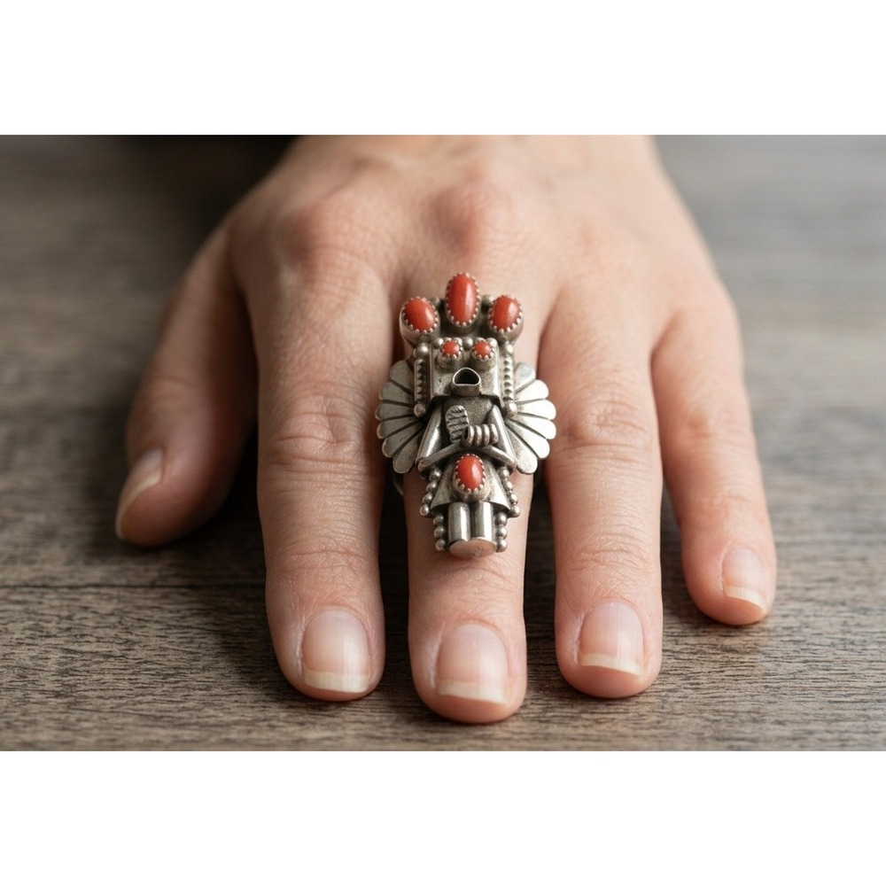 Navajo Kachina Statement Ring Sterling Silver Red Coral Size 8.25US Signed